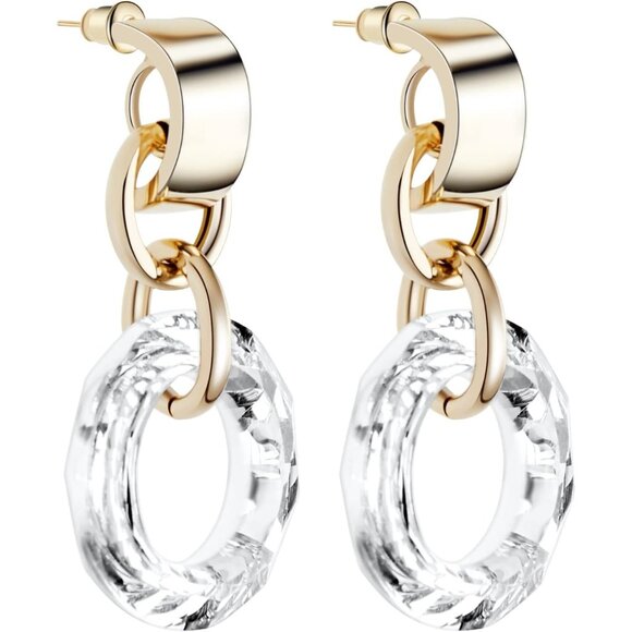 14K Gold Pleated Drop Dangle Fashion Shining Circle Crystal Dangle Earrings - Picture 1 of 8